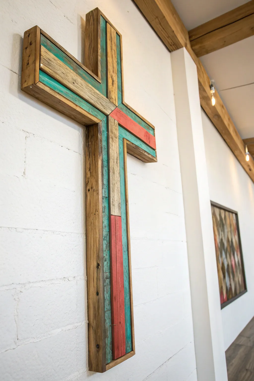Revitalize tradition with a modern twist through this vibrant, handcrafted cross wall art.