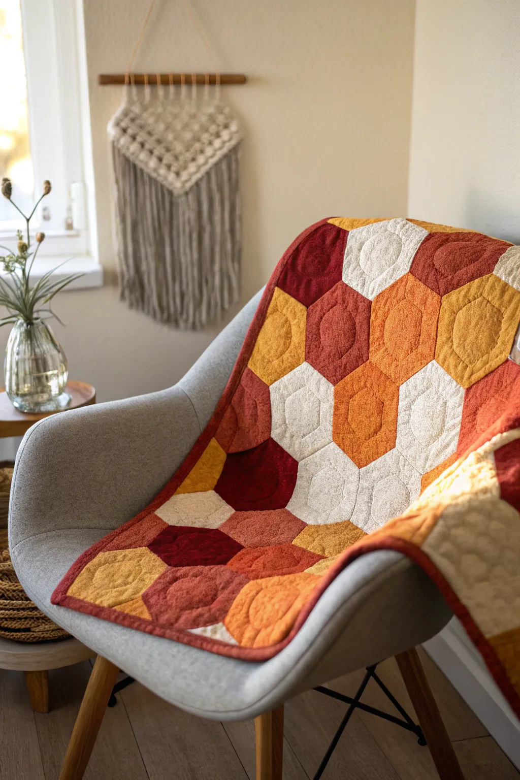 Embrace the season's warmth with a stunning autumn-themed hexagon quilt, where simplicity meets natural beauty.