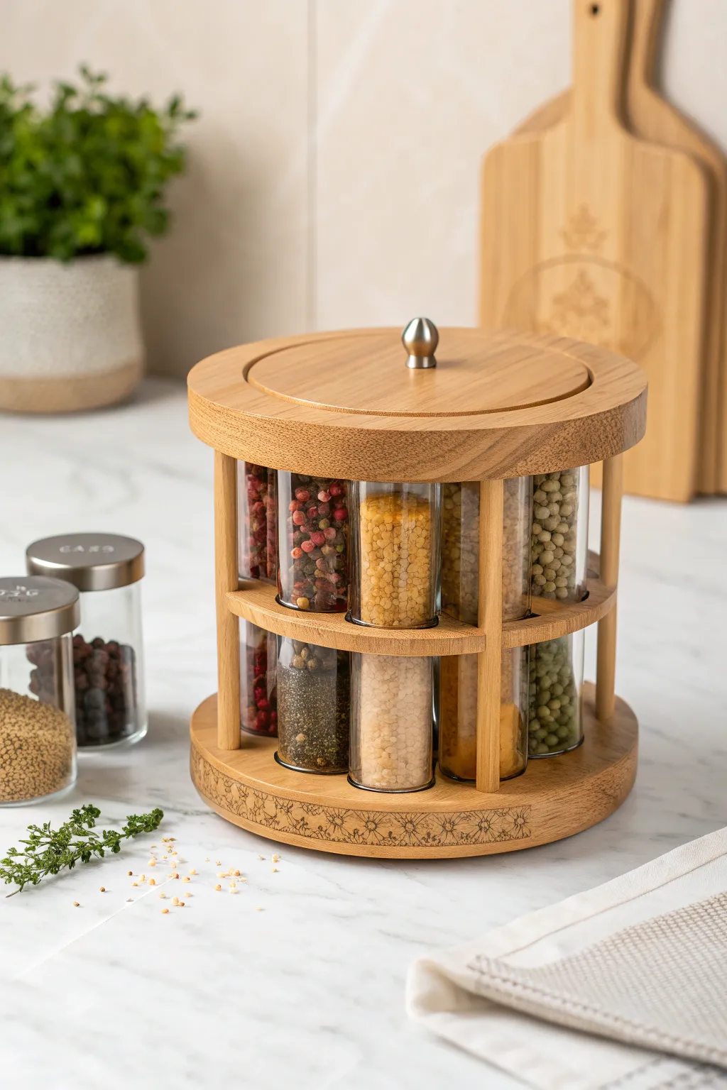 Elevate your cooking space with a touch of magic and style with the auto-measure spice carousel.