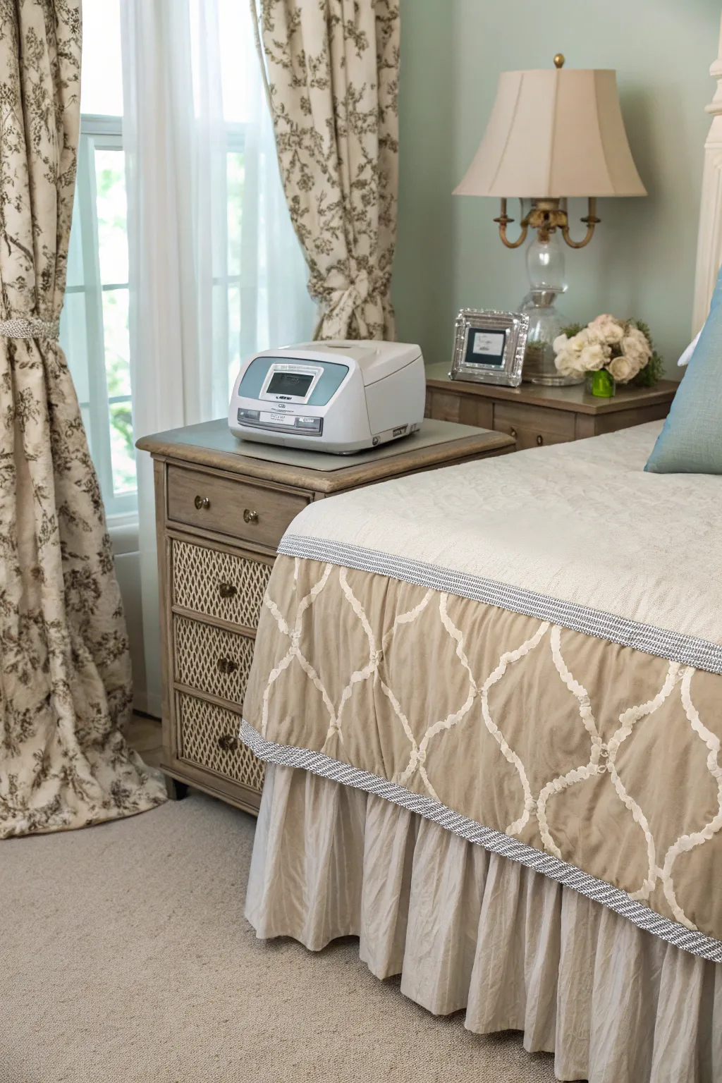 A decorative cover makes the CPAP machine a part of the decor.