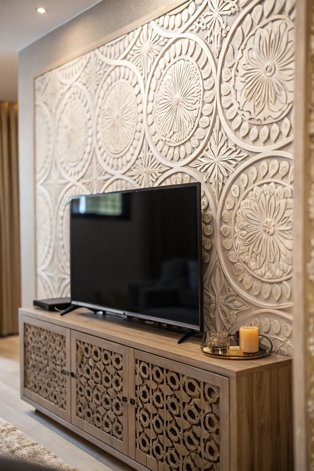 Decorative backdrops offer a stylish solution to cord concealment.