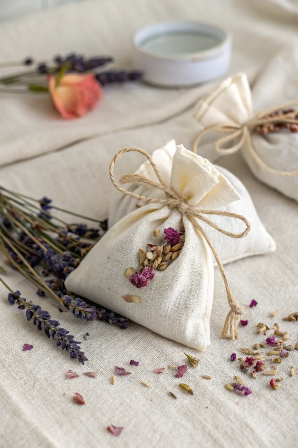 Delight your bridal shower guests with these charming homemade scented sachets, infused with lavender and rose for a touch of natural elegance.
