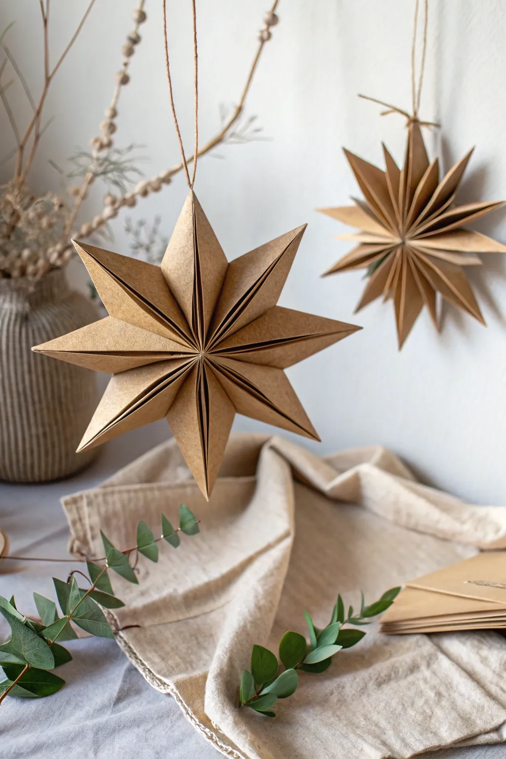 Embrace the art of simplicity with these elegant paper bag stars, perfect for a minimalist Christmas charm.