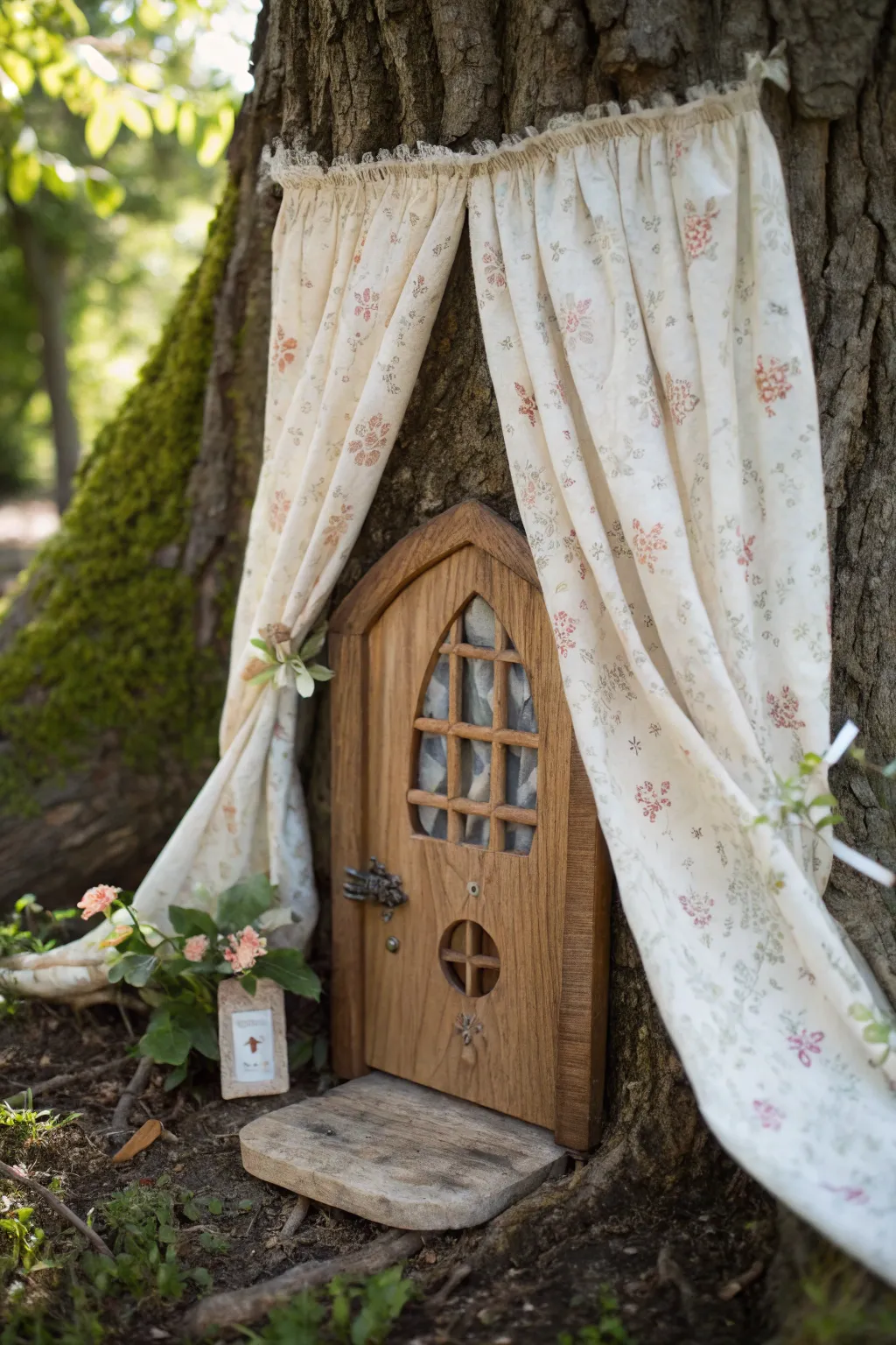 Step into a world of whimsy with these enchanting fabric curtains on a fairy door, bringing cozy charm and seasonal flair to your garden.