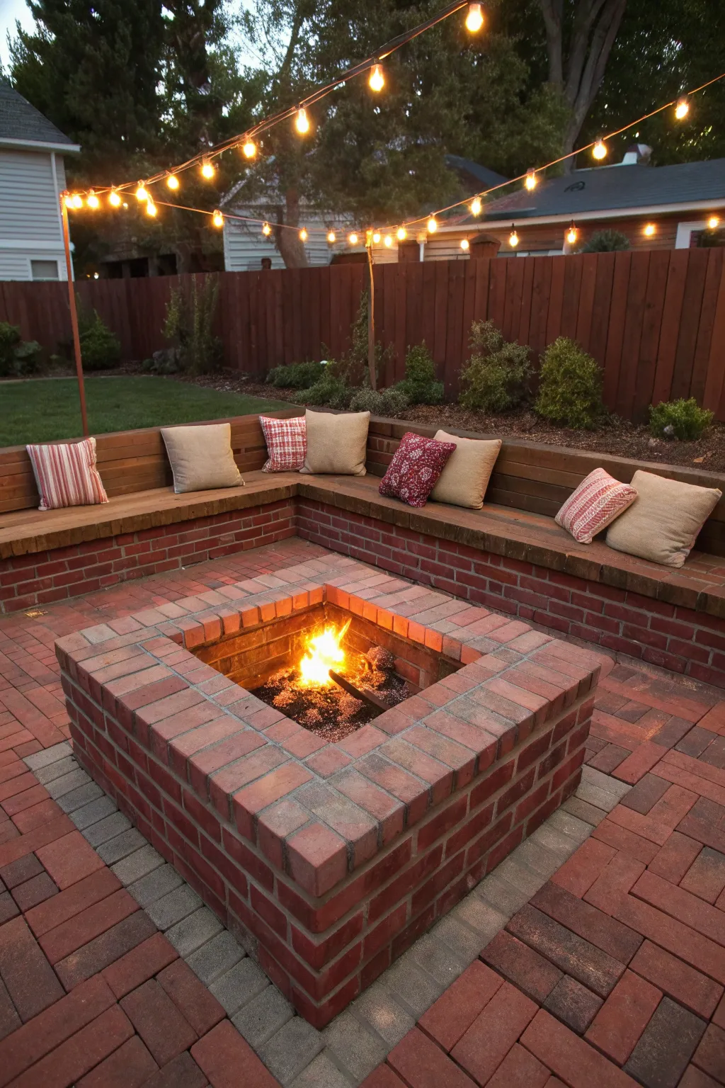 Gather 'round the fire: Embrace warmth and conversation with this stylish square brick fire pit and seamless seating.