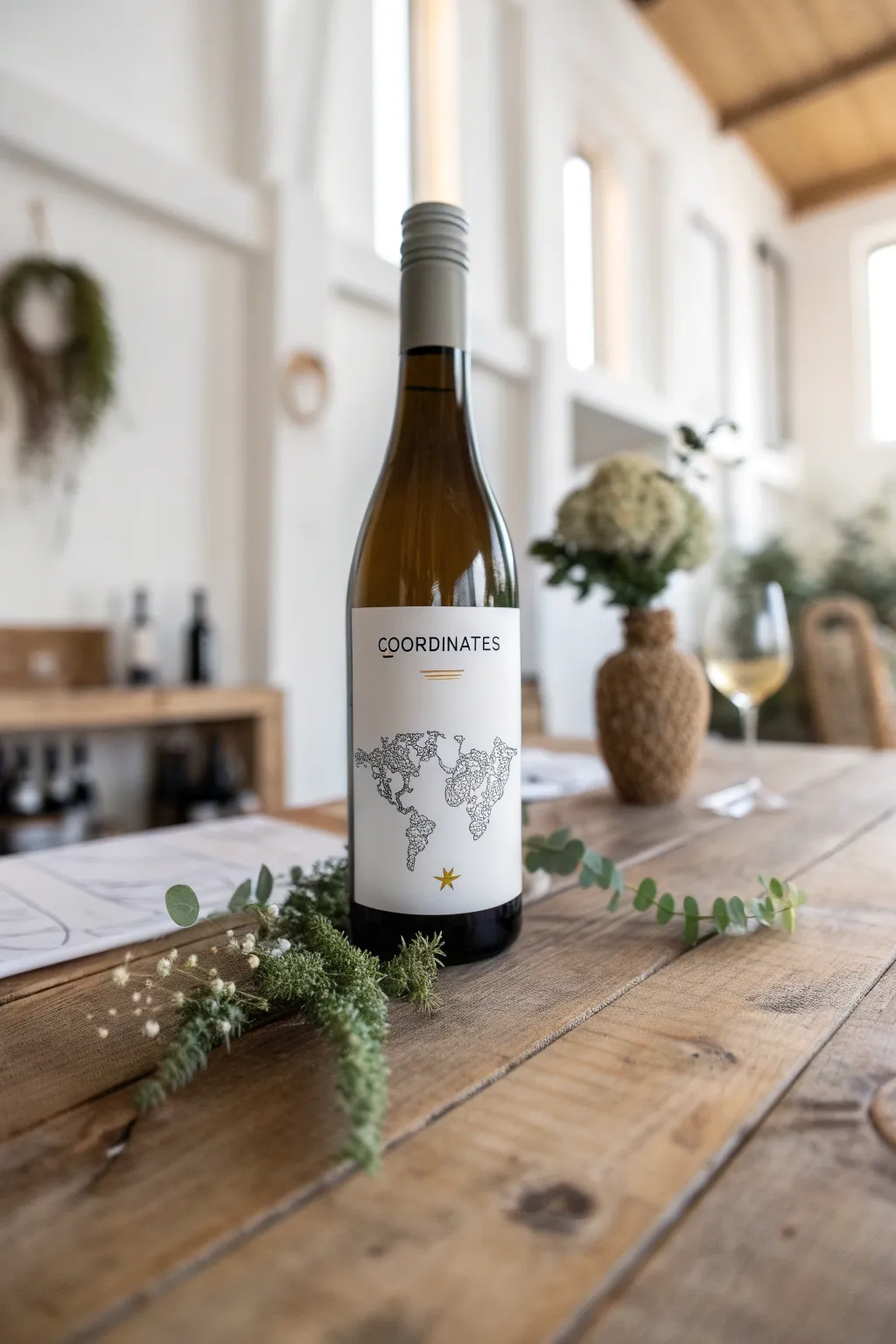 Capture the essence of place with every sip – a wine bottle adorned with meaningful coordinates, blending elegance with a touch of nature.