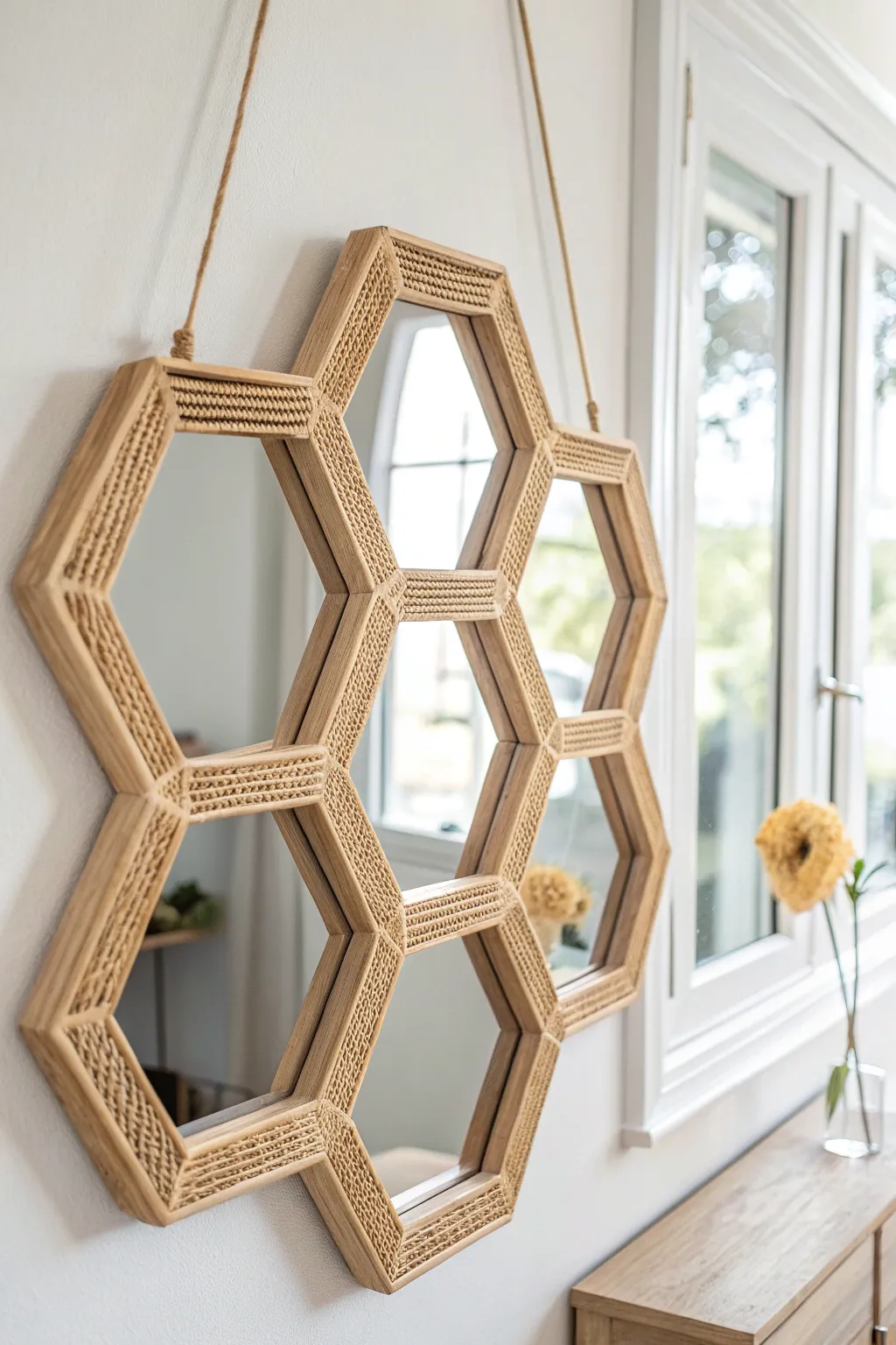Transform your space with the elegance of a handcrafted honeycomb mirror frame. 🌿✨ #ScandinavianStyle #BohoChic