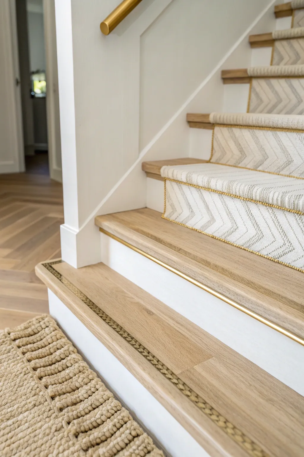 Elevate your staircase with a touch of gold metallic trim for a chic, modern look that shines with simplicity and elegance.