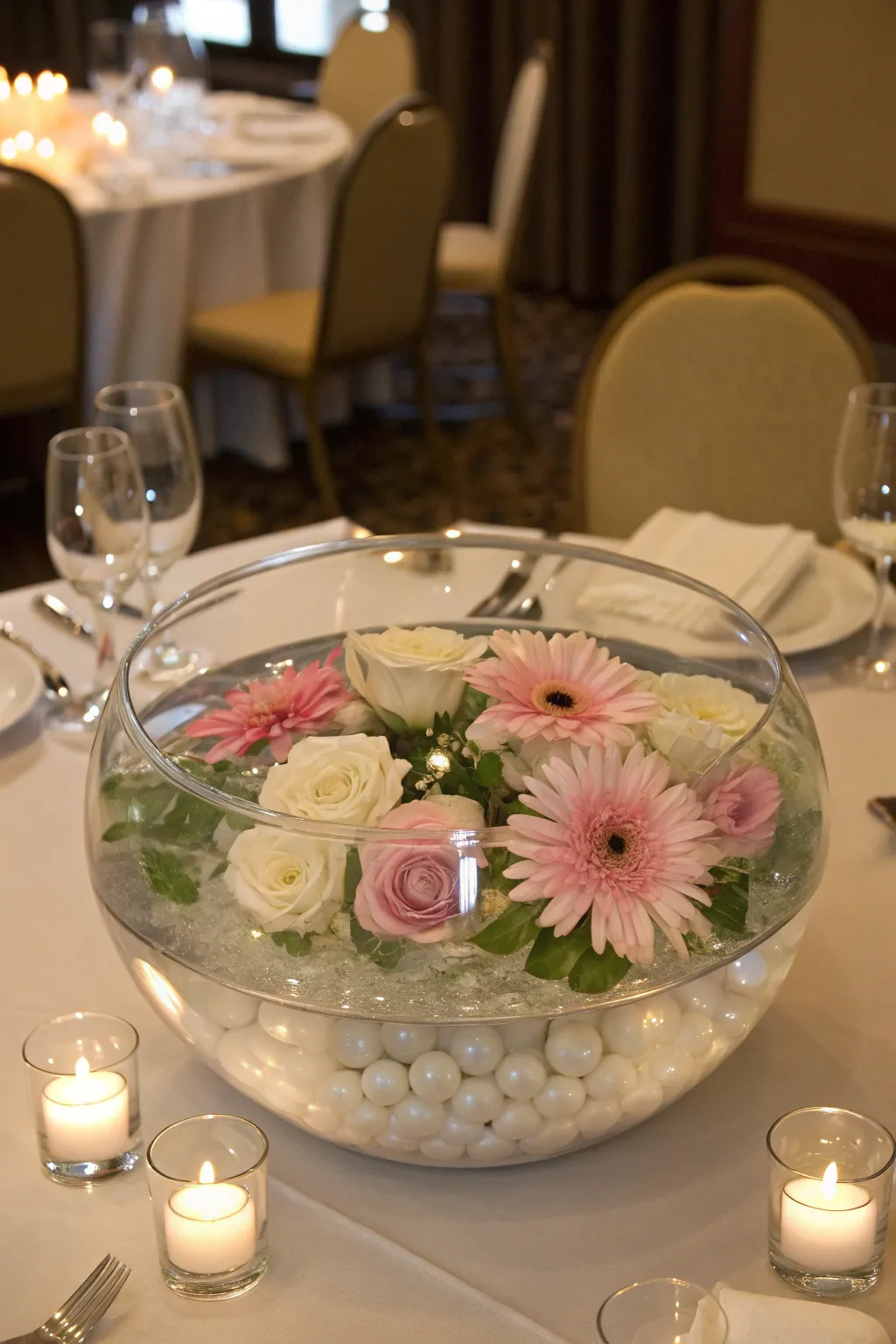 Impress your guests with floating glass centerpieces.