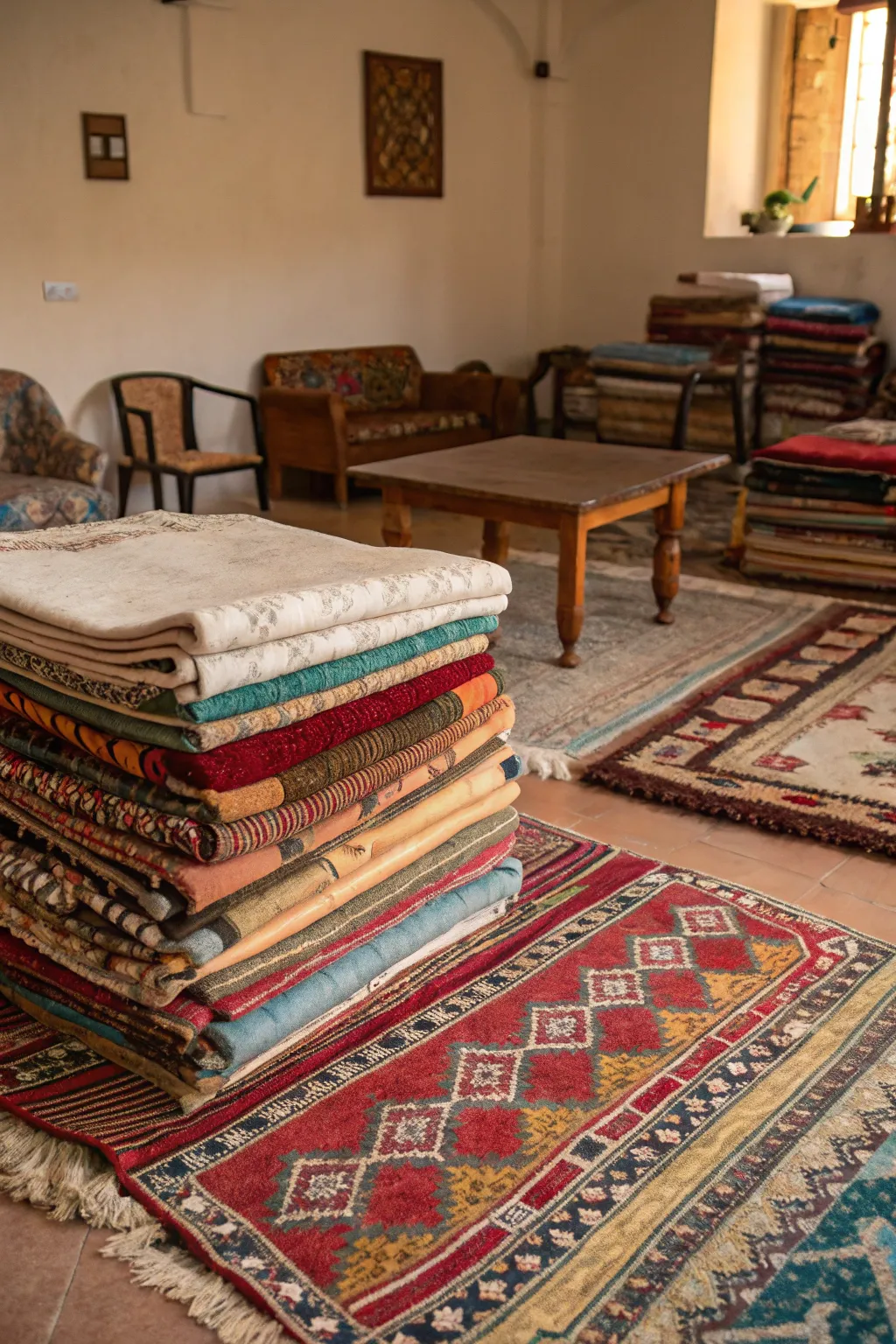 Layered rugs add depth and define spaces creatively.