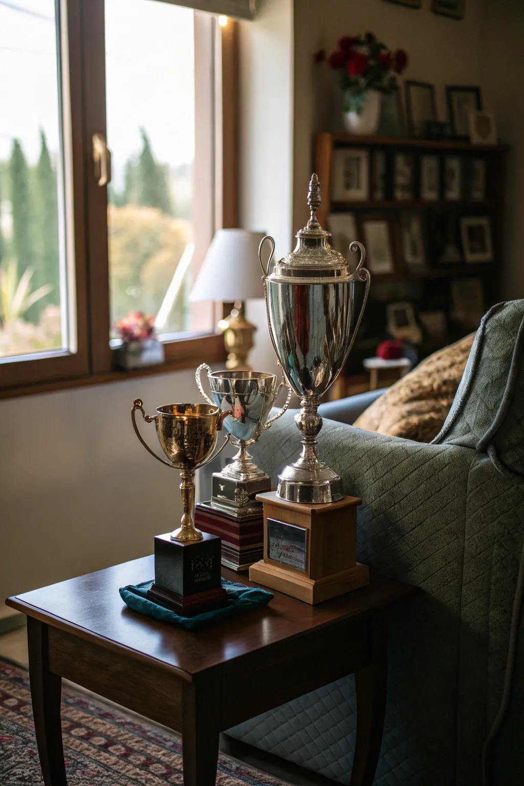 A dedicated trophy table in a stylish living room.