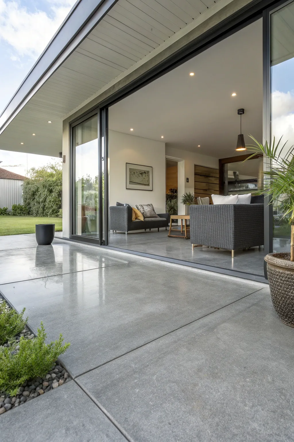 Achieve seamless indoor-outdoor living with polished concrete floors that connect your spaces beautifully.
