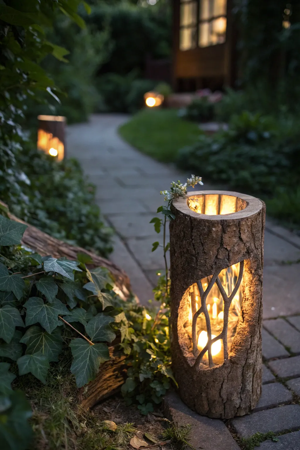 Illuminate your garden with rustic charm: a hollow log lantern that mesmerizes with its warm glow.