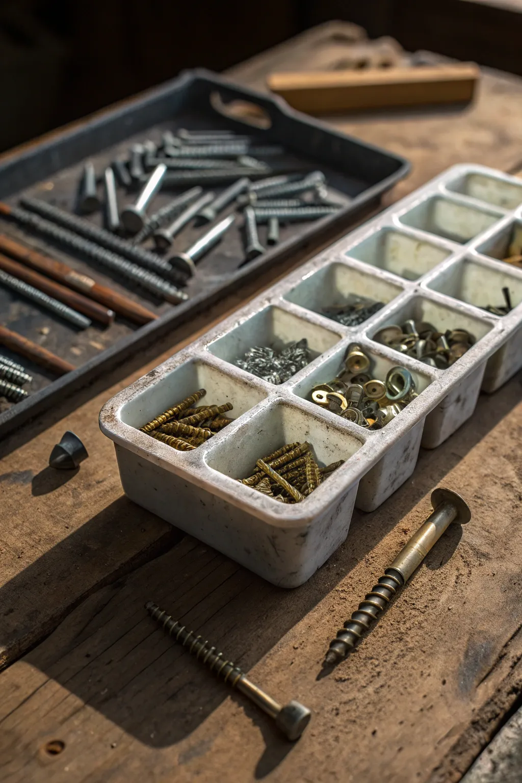 Transform old ice cube trays into perfect organizers for your workshop essentials.
