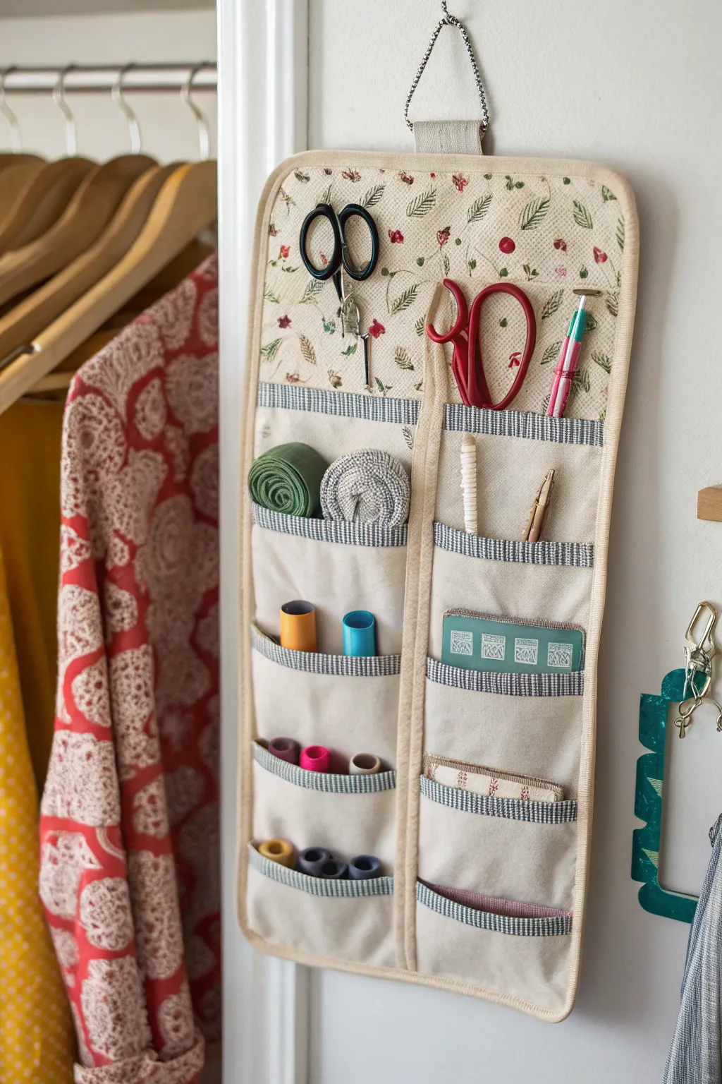 Hanging jewelry holder used to store sewing machine accessories.