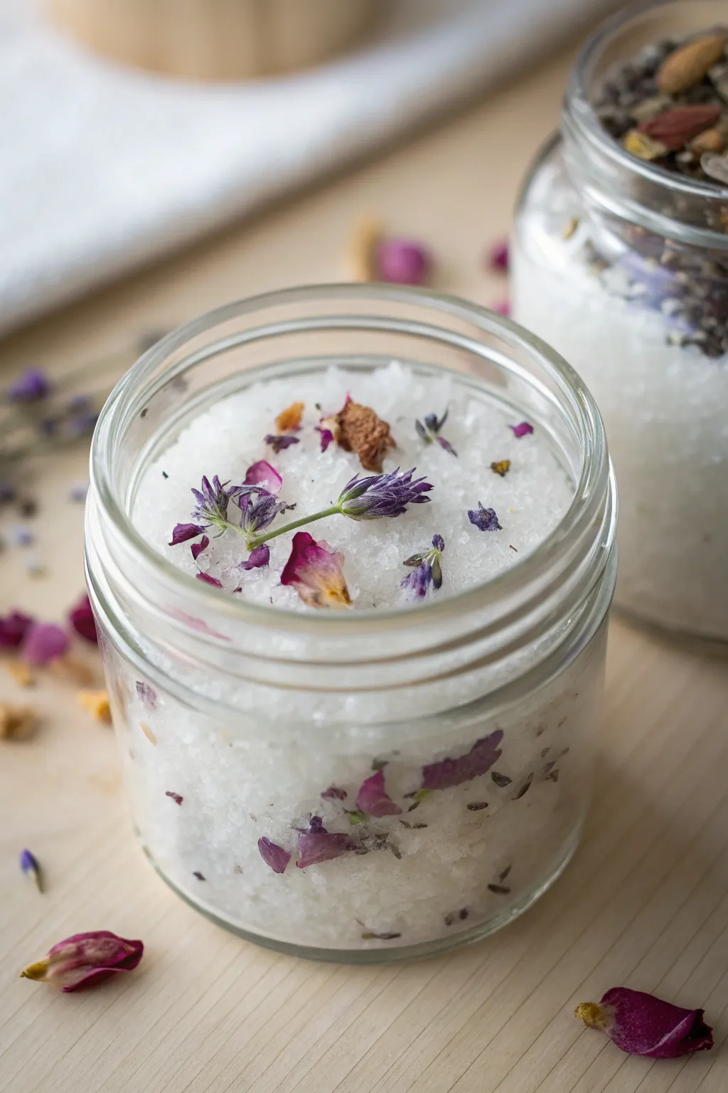 Elevate your bath time with the natural beauty of lavender and rose-infused bath salts. 🌿✨