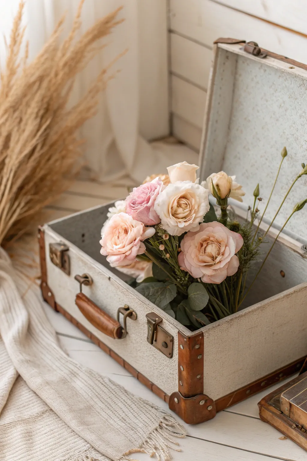 Store your faux florals with flair using a vintage suitcase for a charming and stylish touch.