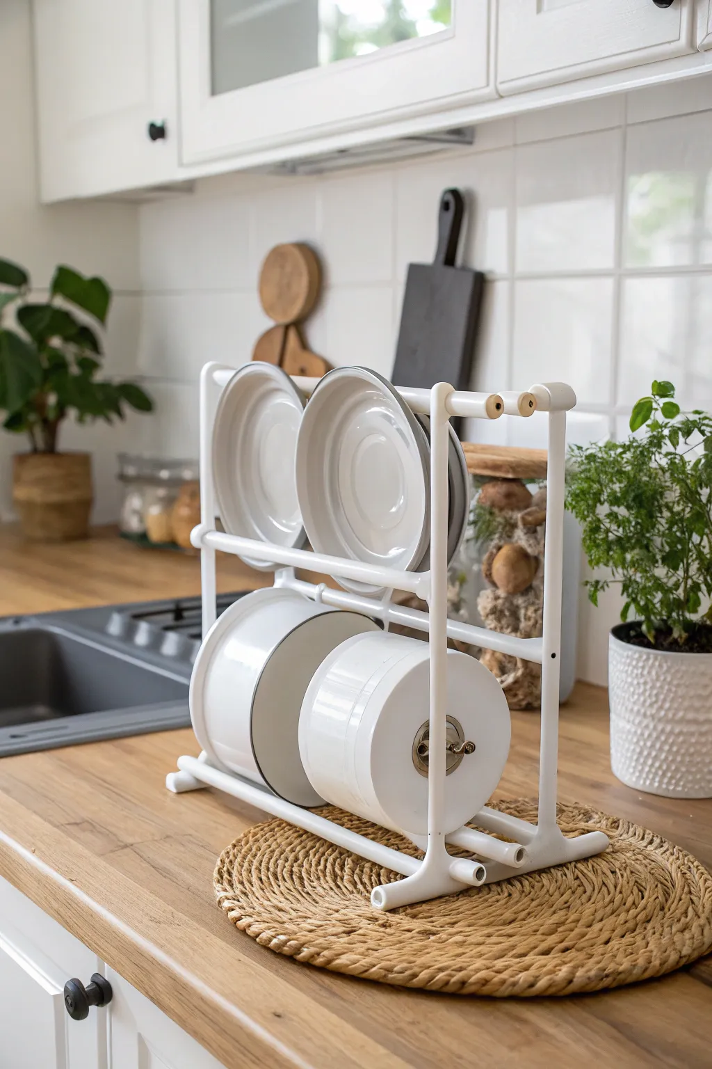 Effortless elegance meets functional design with this DIY PVC pipe rack for organizing pot lids.