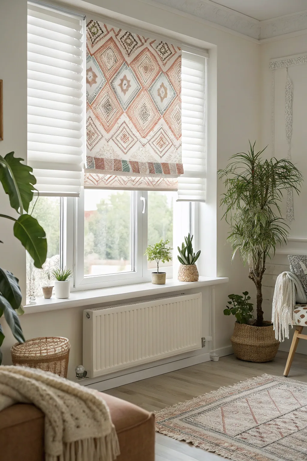 Transform your space with a bold pattern overlay that adds charm and distracts from imperfect blinds, blending Scandinavian minimalism with boho artistry.