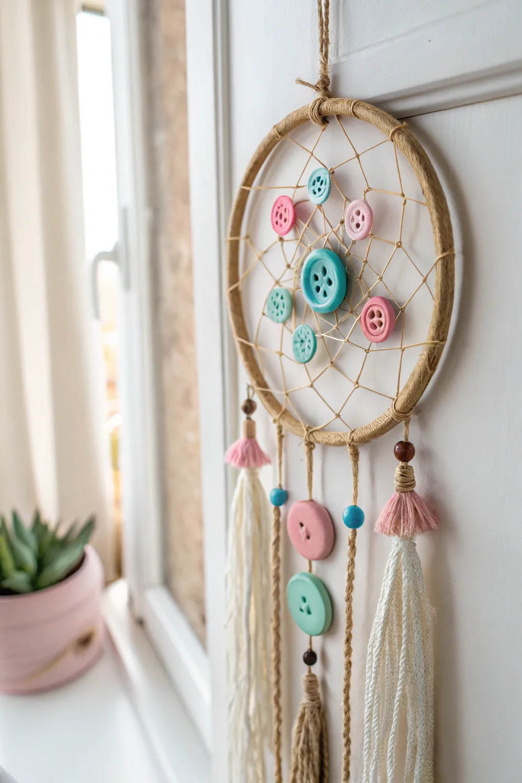 Whimsy and nostalgia meet in this button-adorned dream catcher, perfectly blending minimalist elegance with playful charm.