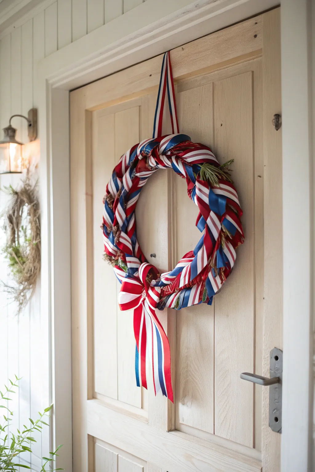 Celebrate with style: A minimalist ribbon flag wreath that embodies patriotic elegance.