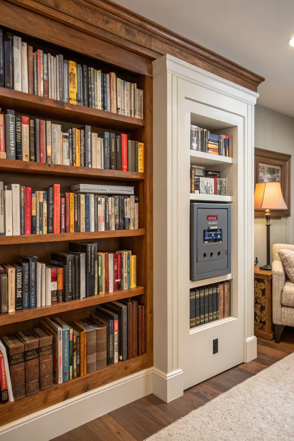 Bookshelves provide practical storage while elegantly covering electrical panels.