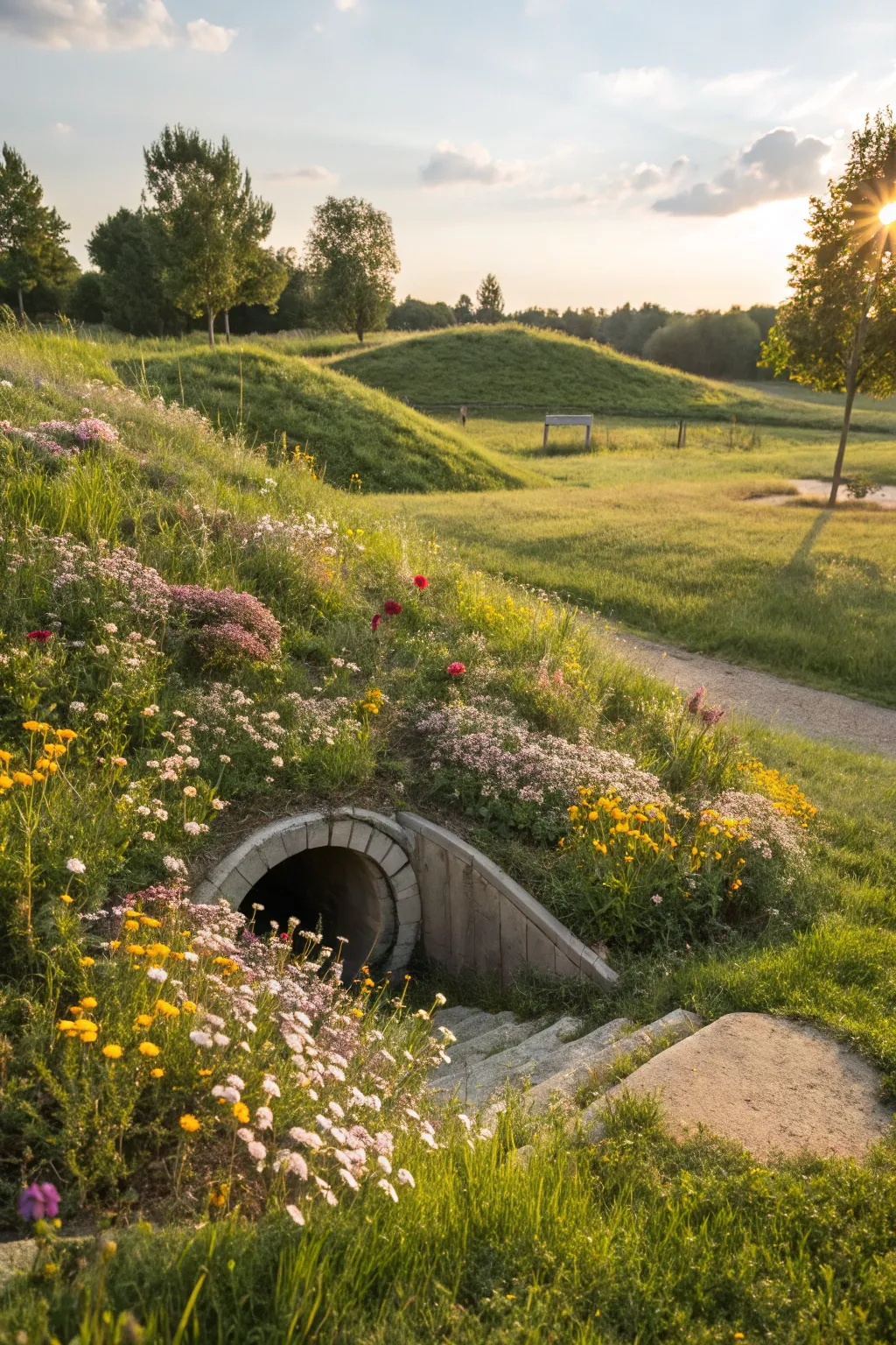 Transform your yard with a hidden touch of nature - a wildflower-topped earth mound for a seamless landscape.