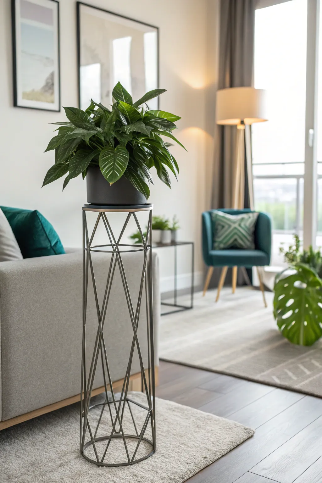Geometric stands provide structure and style.