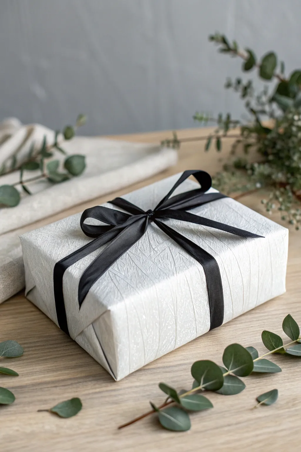 Elevate your gifting with a chic monochrome wrap, blending modern minimalism with natural beauty.