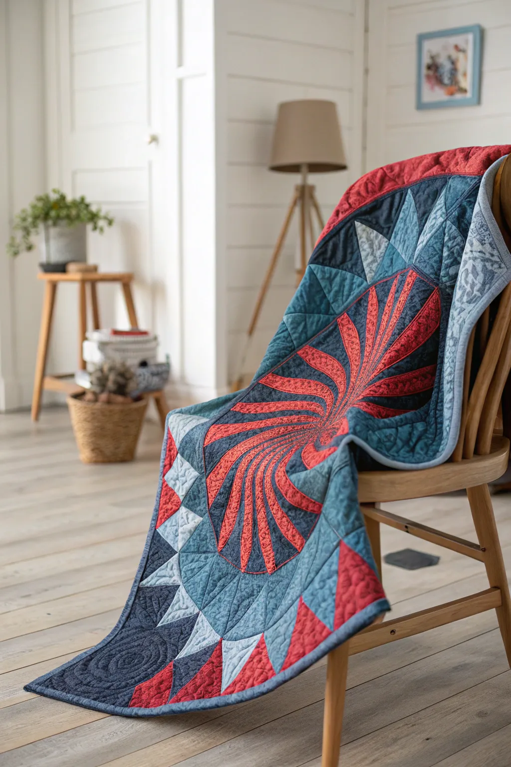 Dive into a world of color with this stunning kaleidoscope quilt, where denim meets vibrant hues in perfect harmony.