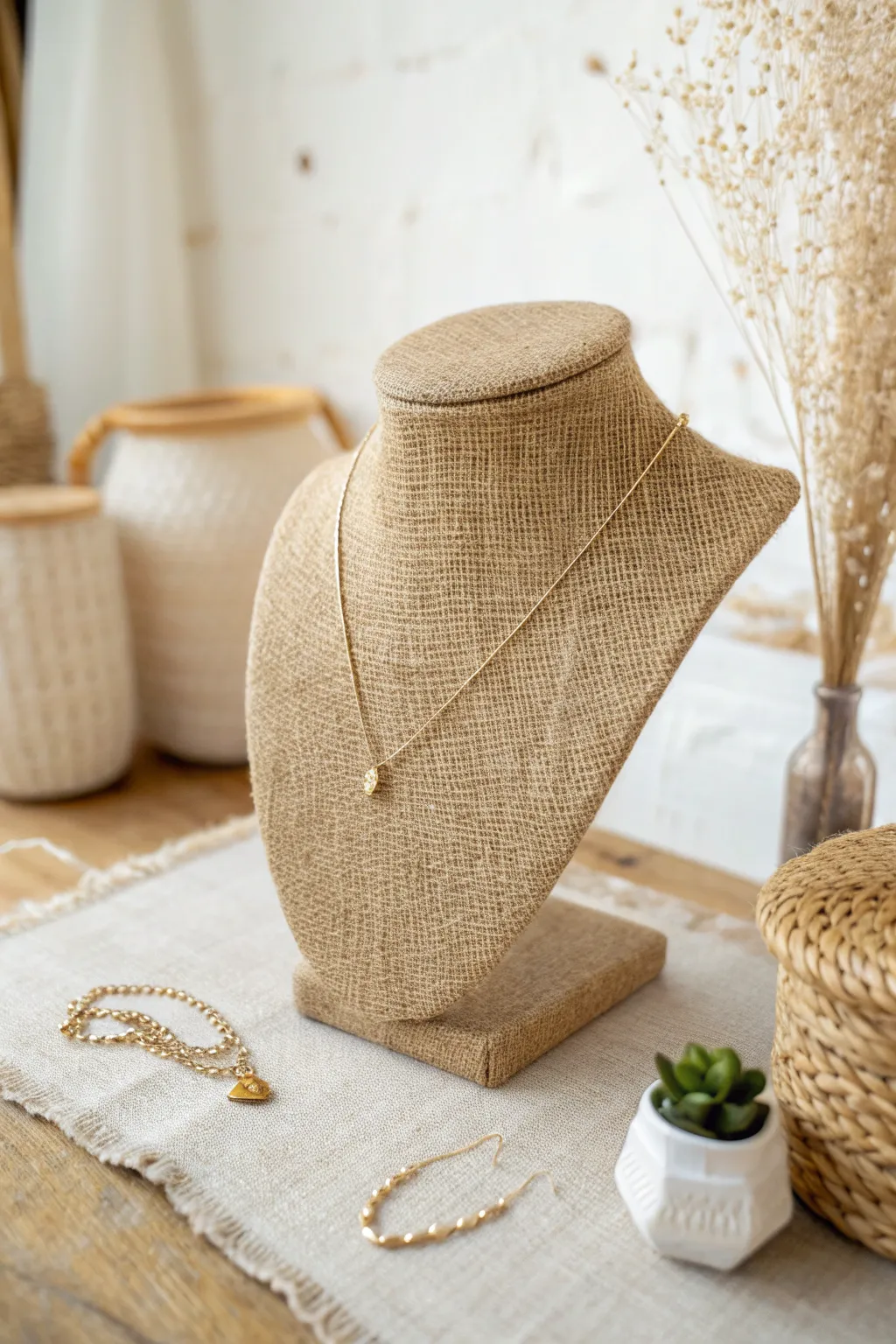 Showcase your jewelry with rustic elegance using burlap display stands.
