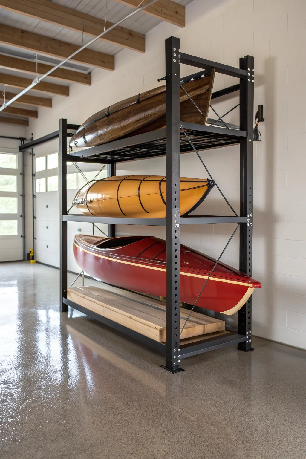 Maximize your space with this stylish canoe and kayak hybrid rack—perfect for the modern adventurer's garage.