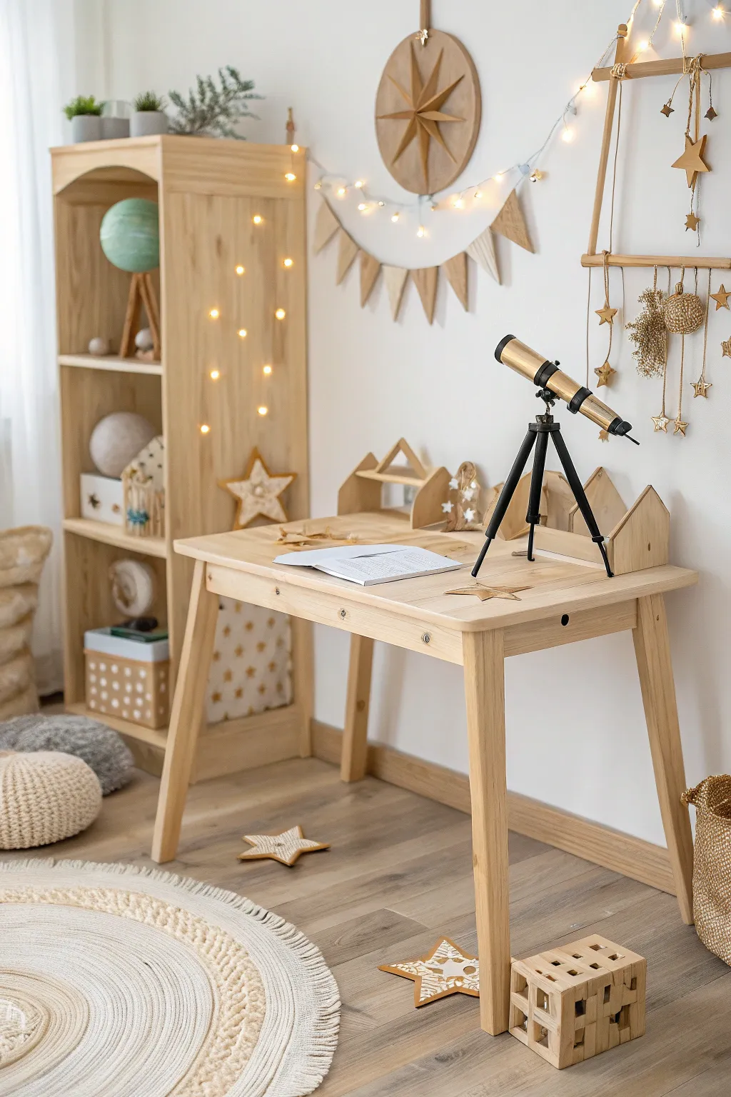 Inspire creativity with a space-themed craft table that blends minimalist design with a touch of boho charm.