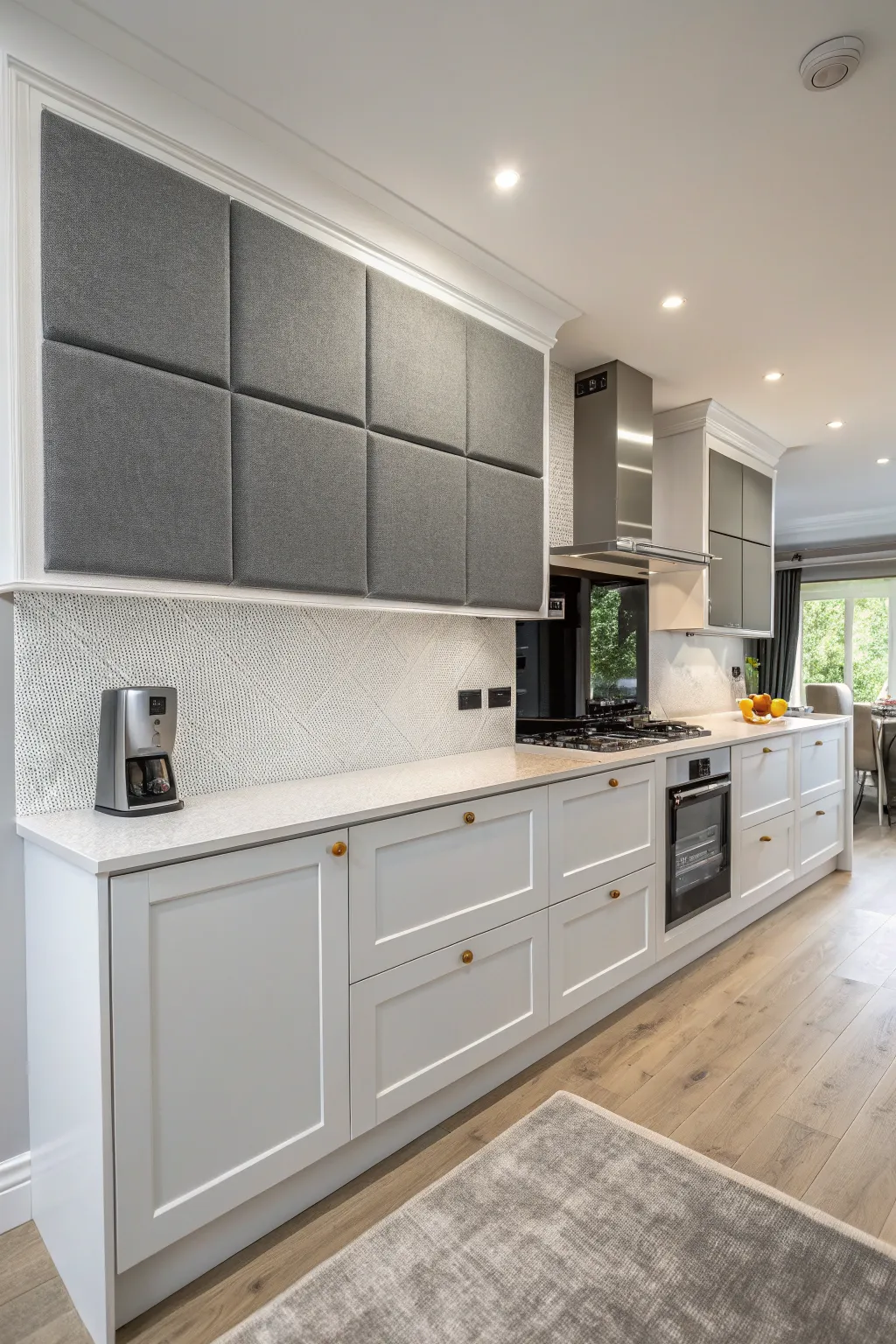 A bulkhead featuring acoustic panels to manage noise levels in the kitchen.