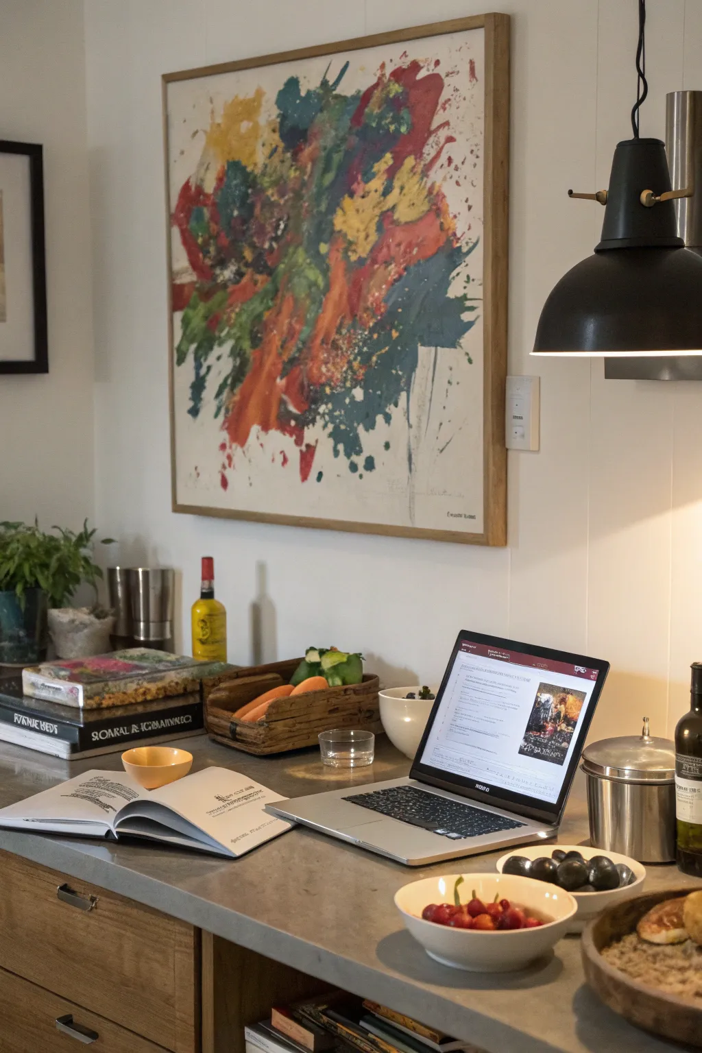 A statement art piece enhances the desk area's aesthetic.