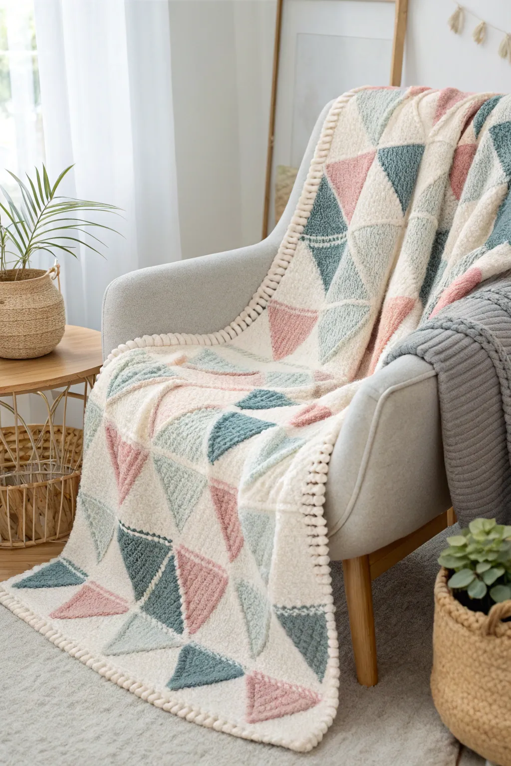 Elevate your space with a geometric knit masterpiece—where modern design meets cozy comfort.