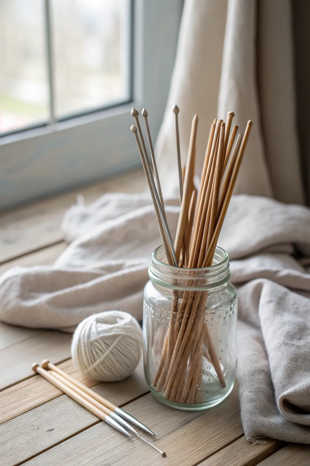 Elevate your knitting nook with this chic mason jar needle display. 🌿✨ #CraftedSimplicity