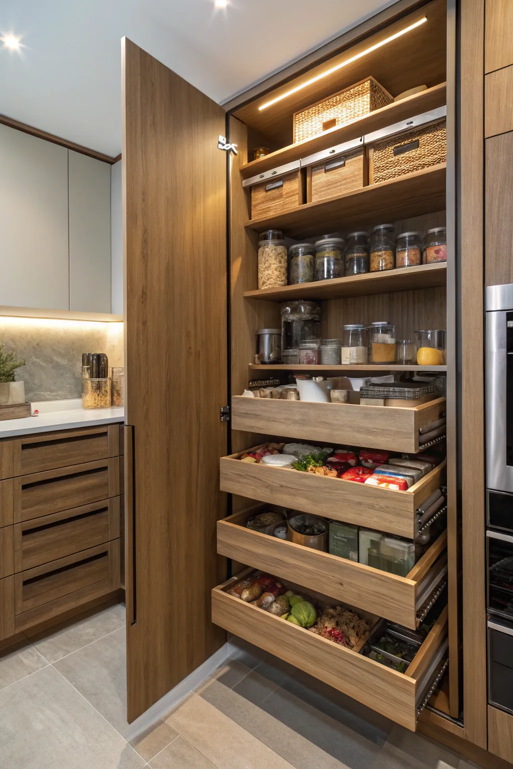 Hidden drawers in an L-shaped pantry offering discreet and practical storage.