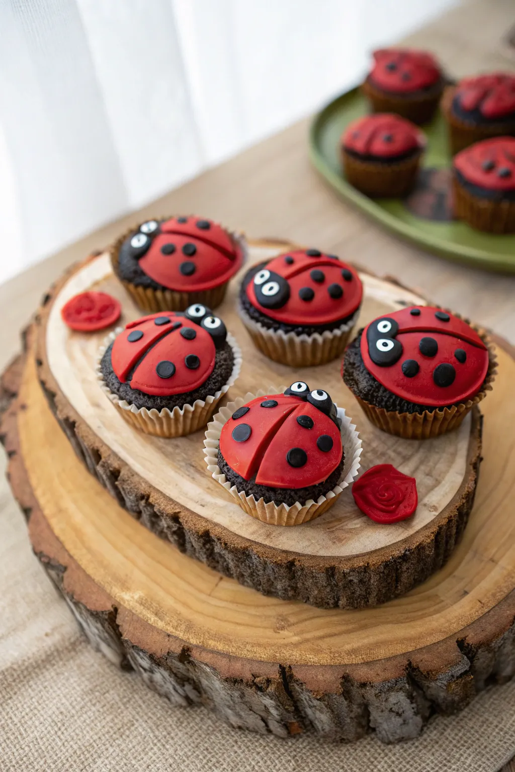 Nature's Delight: Adorable Ladybug Cupcakes on a Rustic Wooden Platter