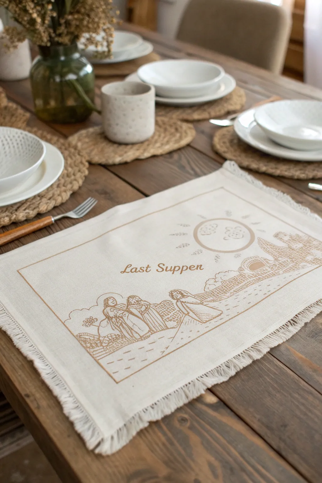 Elevate your dining experience with a handcrafted placemat inspired by the Last Supper, perfect for sparking meaningful conversations.