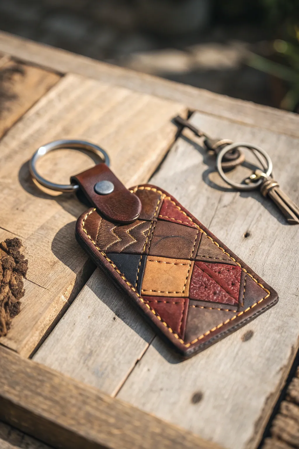 Discover the elegance of sustainability with this handcrafted upcycled leather keychain.