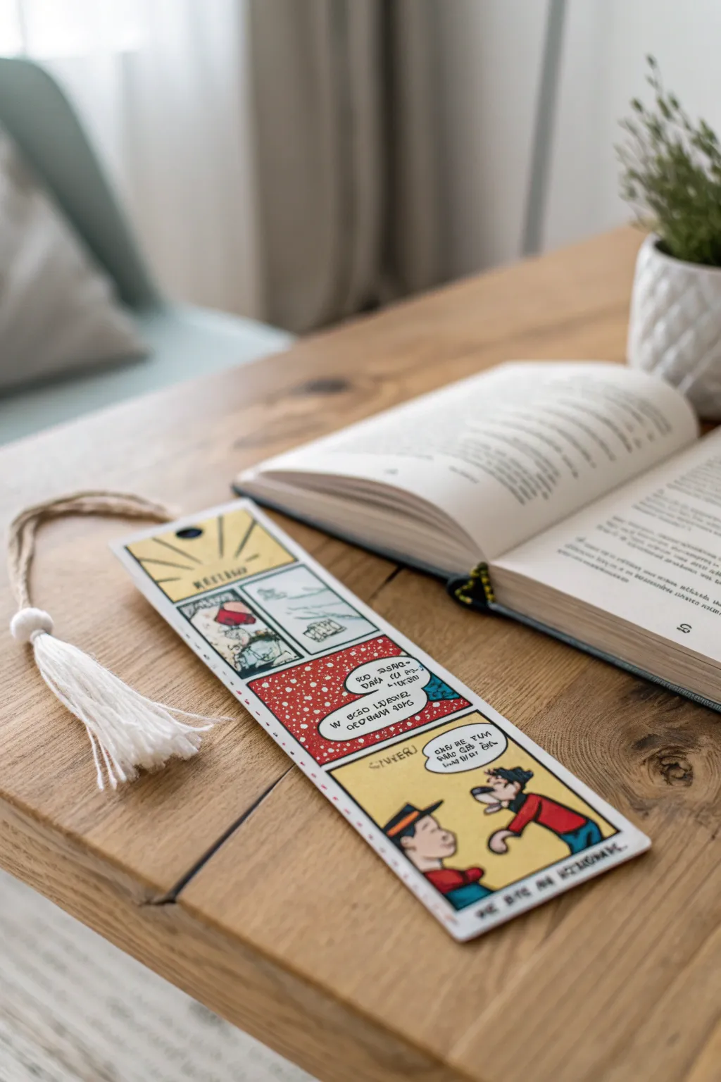 Add a touch of humor to your reading with this charming comic strip bookmark.