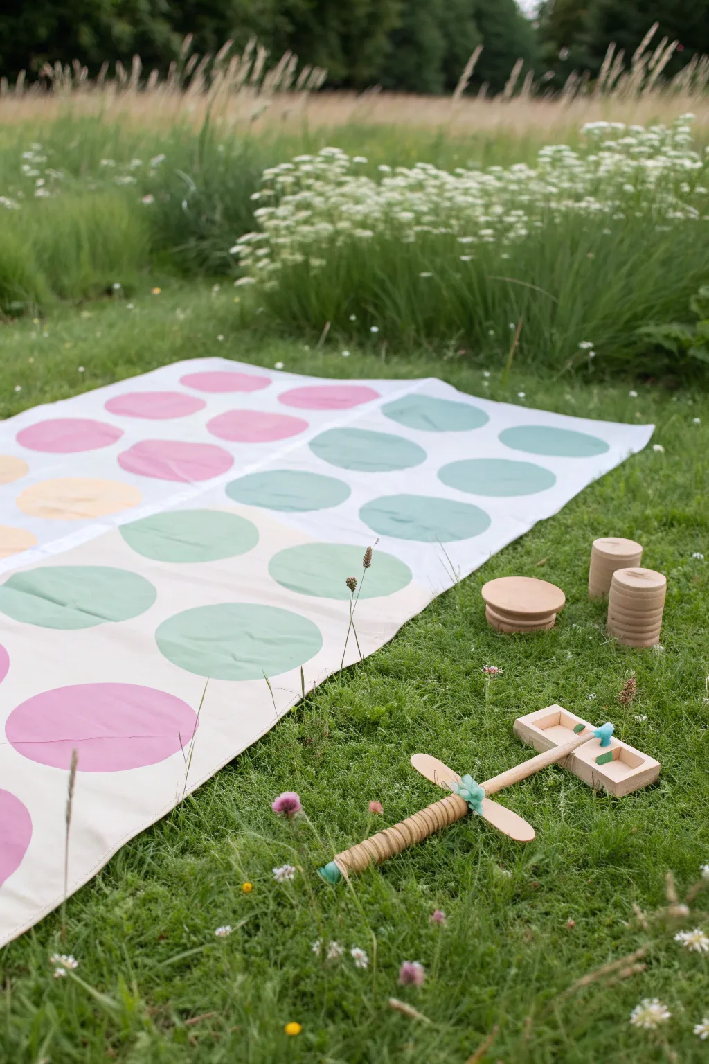 Embrace the playful chaos of a life-sized Twister game on the lawn, where minimalism meets boho charm.