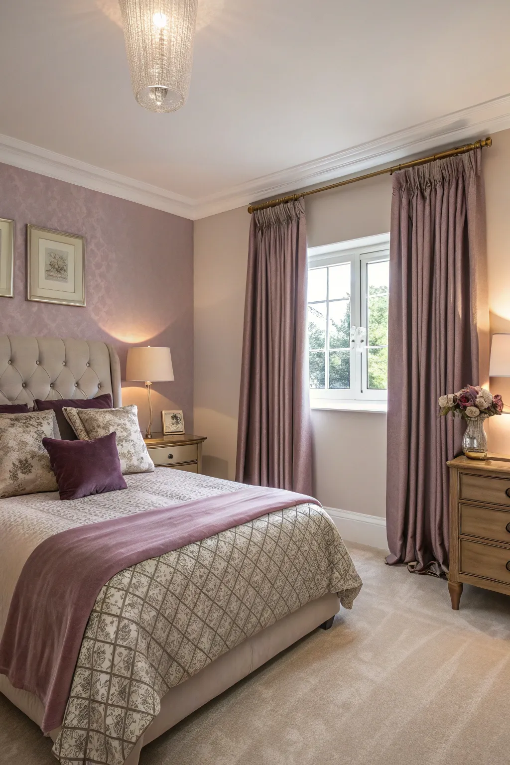 An elegant bedroom with light mauve tones and luxurious fabrics.