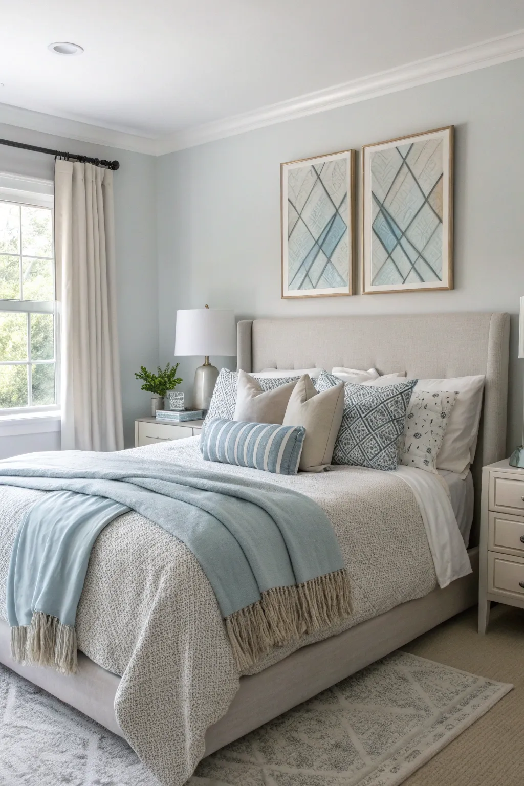 Asymmetrical designs bring a modern edge to the classic light gray bedroom.