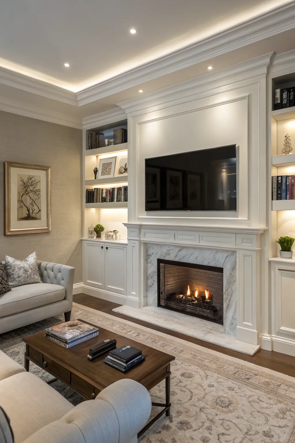 A hidden TV keeps the focus on the room's decor.