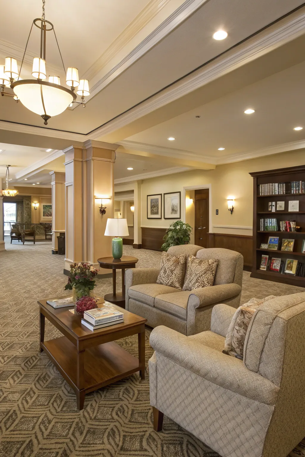 Functional zones within a residential lobby.