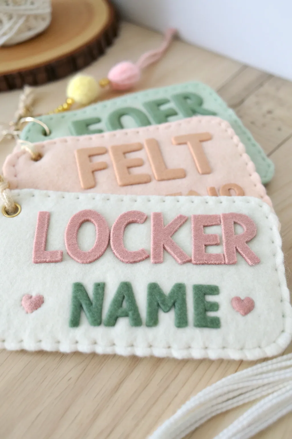 Add a touch of whimsy to your locker with these charming felt name tags, blending minimalist elegance with a boho twist.