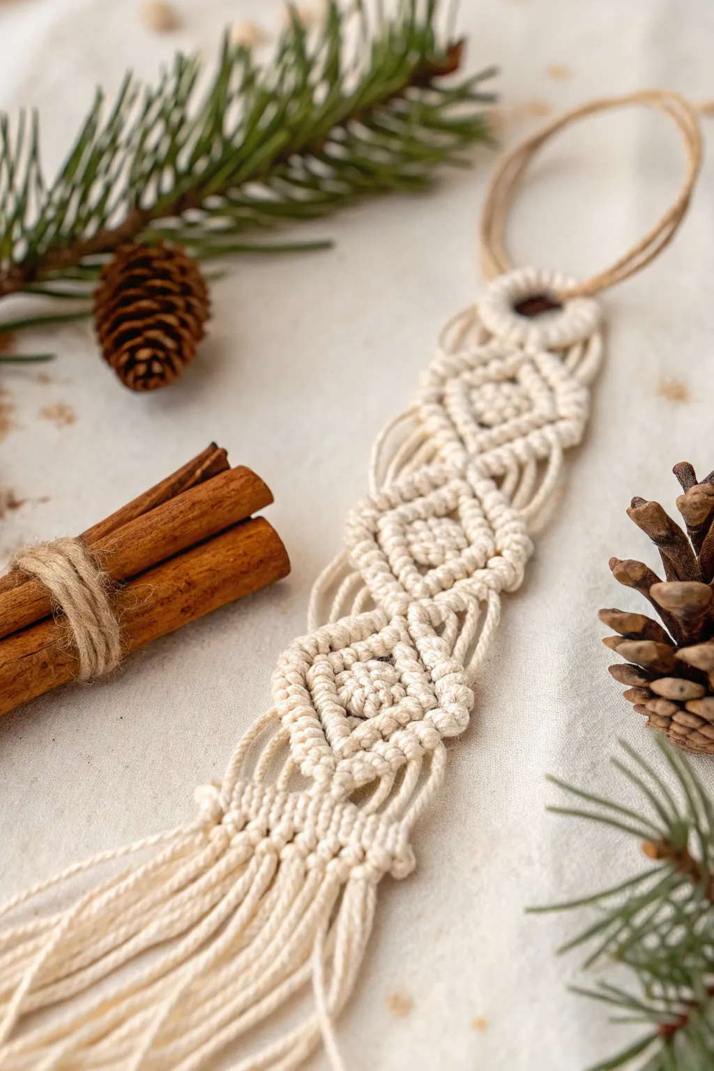 Elevate your holiday decor with the rustic charm of macrame cinnamon stick ornaments. Simple, natural, and beautifully crafted.