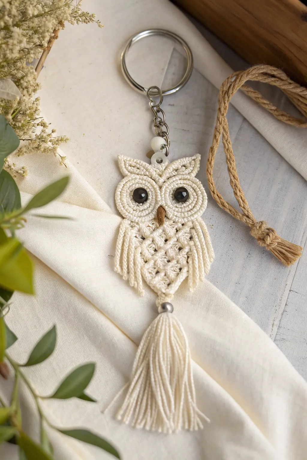 Unlock the charm of wisdom with this enchanting macrame owl keychain, perfect for adding a touch of boho elegance to your essentials.